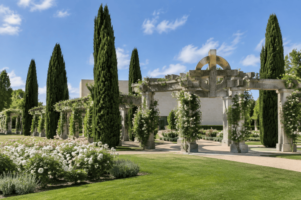Pergola en pierre avec une croix dans un cercle, bordée de cyprès et de massifs fleuris.