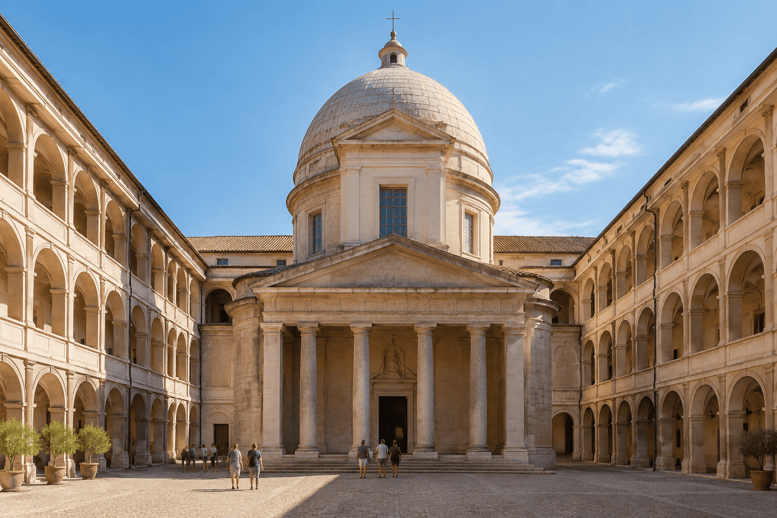 Cour à arcades de la Vieille Charité, avec la chapelle à colonnes et à dôme au centre.