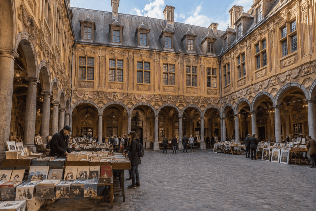 Bouquinistes et étals de livres dans une cour pavée entourée de galeries à arcades et de façades ornées.