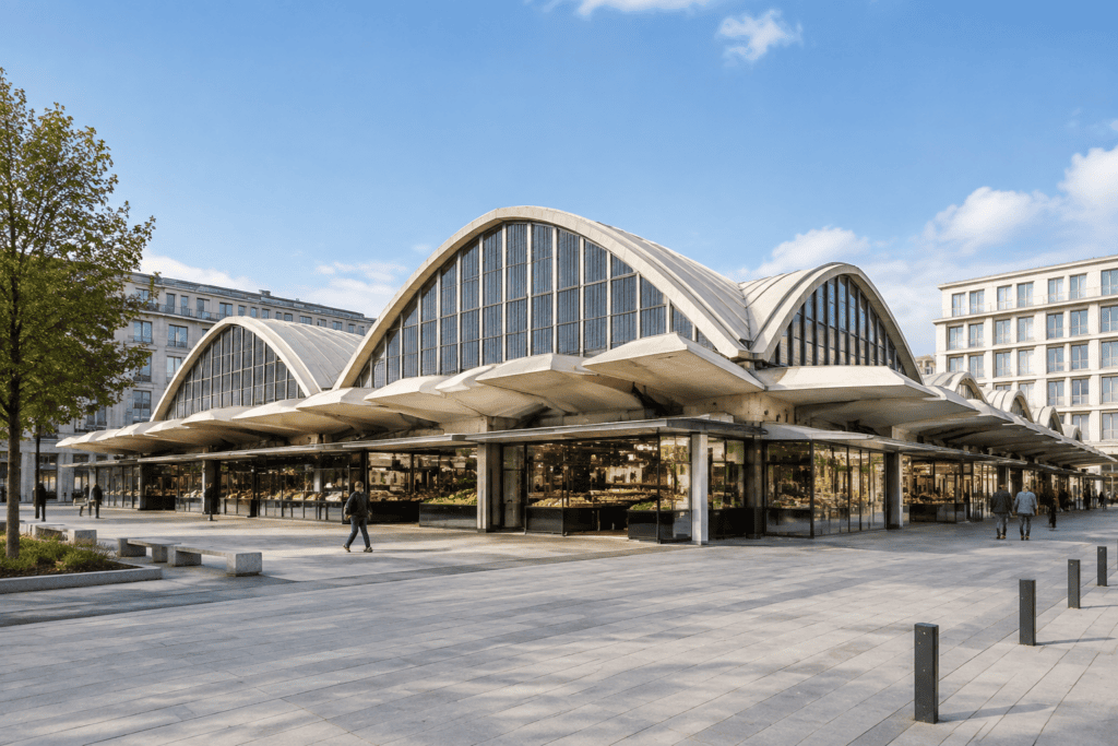 Les Halles centrales du Havre vues depuis la place, avec leurs voûtes vitrées, leurs auvents et les boutiques en façade.