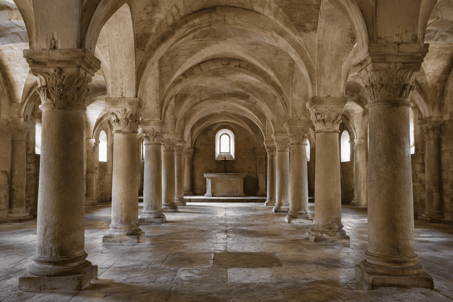 Rangées de colonnes à chapiteaux sous les voûtes de la crypte de l’église de la Trinité.