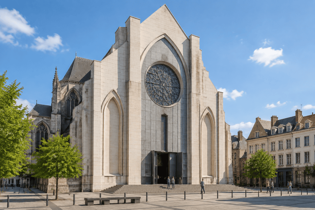Façade claire de la cathédrale Notre-Dame-de-la-Treille, avec un grand vitrail circulaire au-dessus de l’entrée et une vaste place au premier plan.