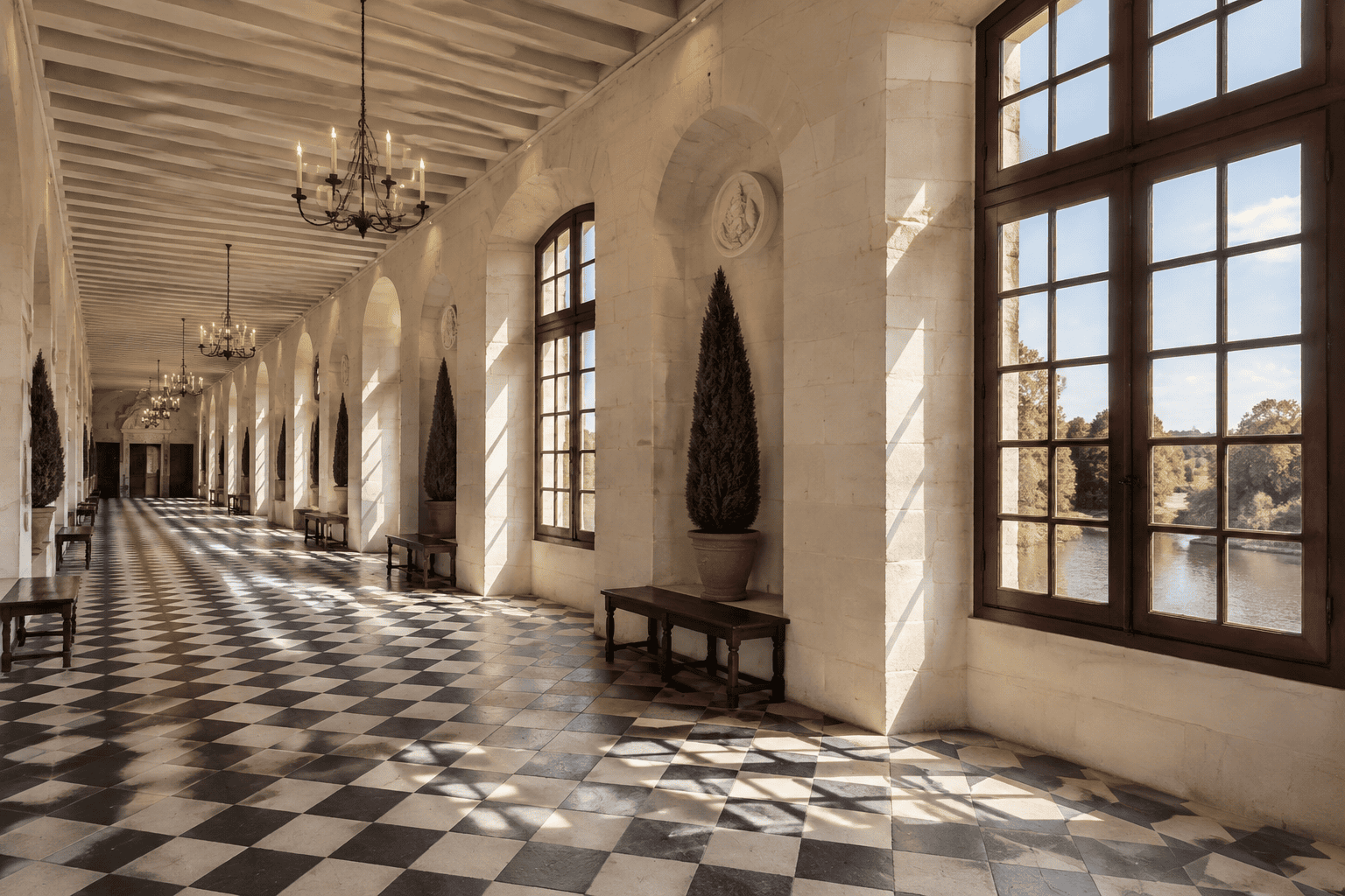 Galerie intérieure avec un sol en damier, des fenêtres hautes, des bancs et des lustres.