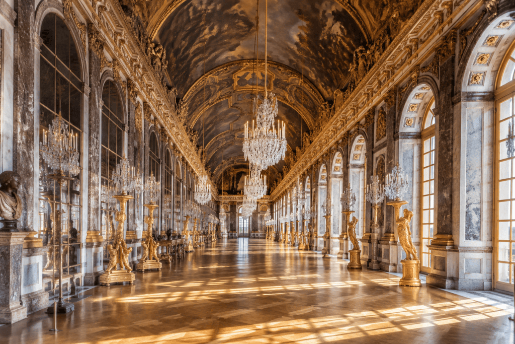 Longue galerie aux fenêtres en arcades, aux miroirs, aux lustres et au plafond peint et doré.