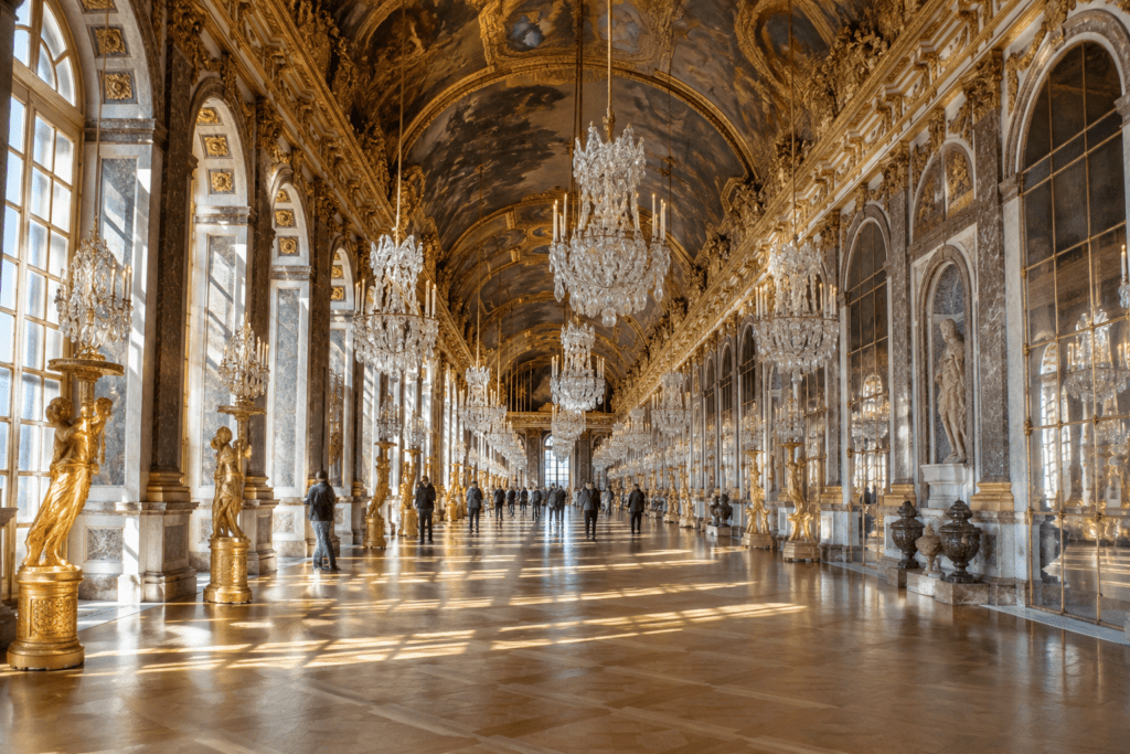 Longue galerie ornée de hautes fenêtres, de miroirs en arcades, de lustres et d’un plafond peint, avec quelques visiteurs.
