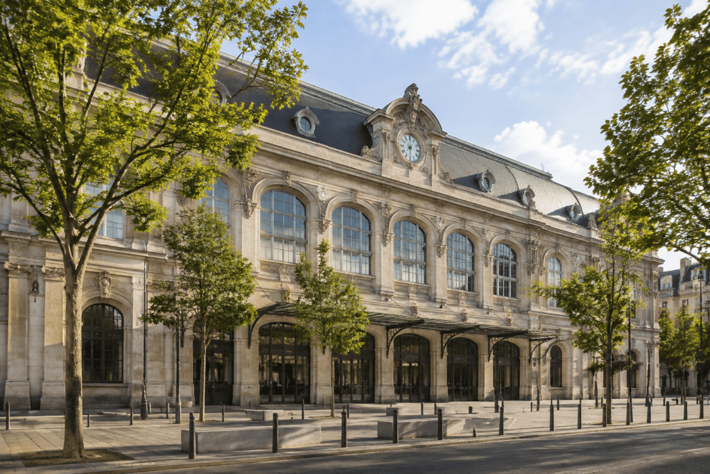 Façade de la gare de Paris-Austerlitz Façade en pierre de la gare de Paris-Austerlitz, avec de grandes fenêtres cintrées et une horloge au centre.