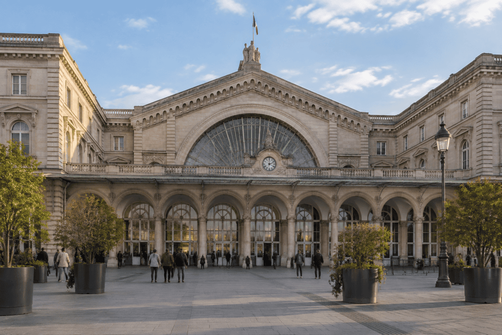 Façade en pierre de la Gare de l’Est, avec une grande baie vitrée cintrée, une horloge centrale et des voyageurs sur le parvis.