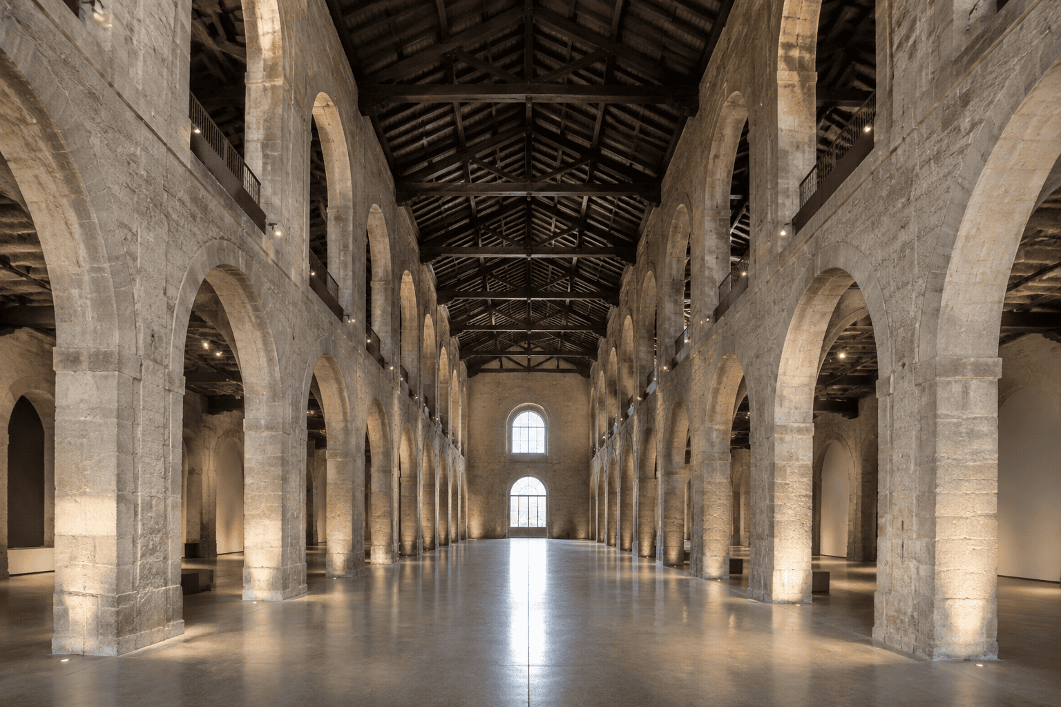 Une longue nef en pierre, bordée d’arches répétées sous une charpente apparente.