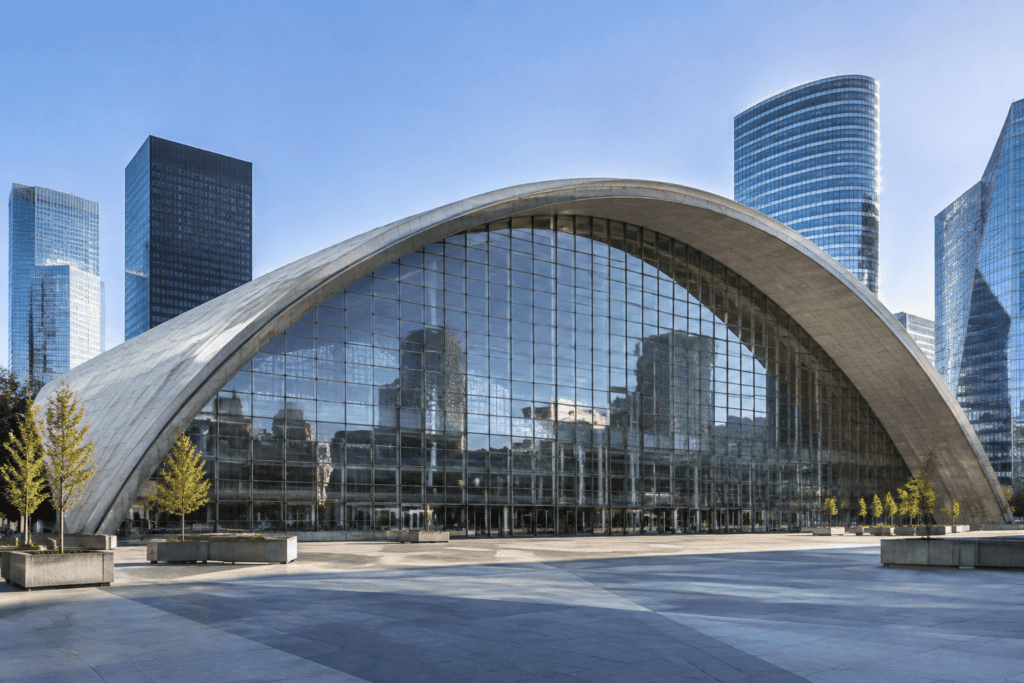 La grande voûte du CNIT encadre une façade vitrée devant un vaste parvis, avec des tours en arrière-plan.