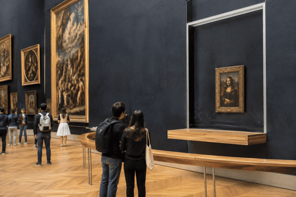 La Joconde est exposée sur un mur sombre, tandis que des visiteurs regardent les tableaux de la galerie.
