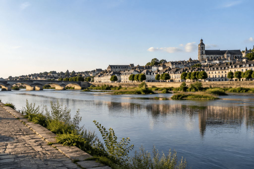 La Loire au premier plan, avec un pont de pierre et des bâtiments du centre historique de Blois sur l’autre rive.