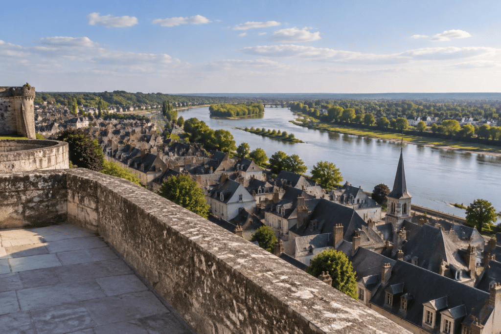 Une terrasse de pierre surplombe les toits d’Amboise et la Loire.