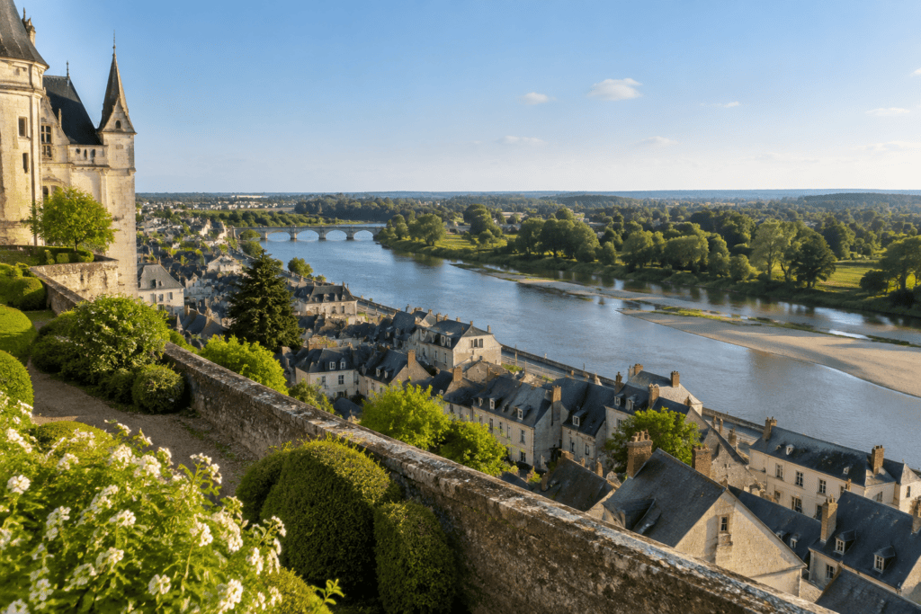 La Loire et les toits d’Amboise vus depuis les jardins en hauteur du château, avec une partie du château à gauche.
