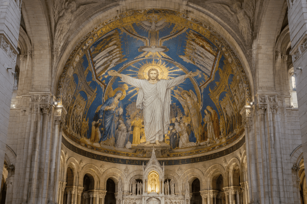 La mosaïque dorée de l’abside représente le Christ au centre, entouré de figures, sous une voûte ornée.