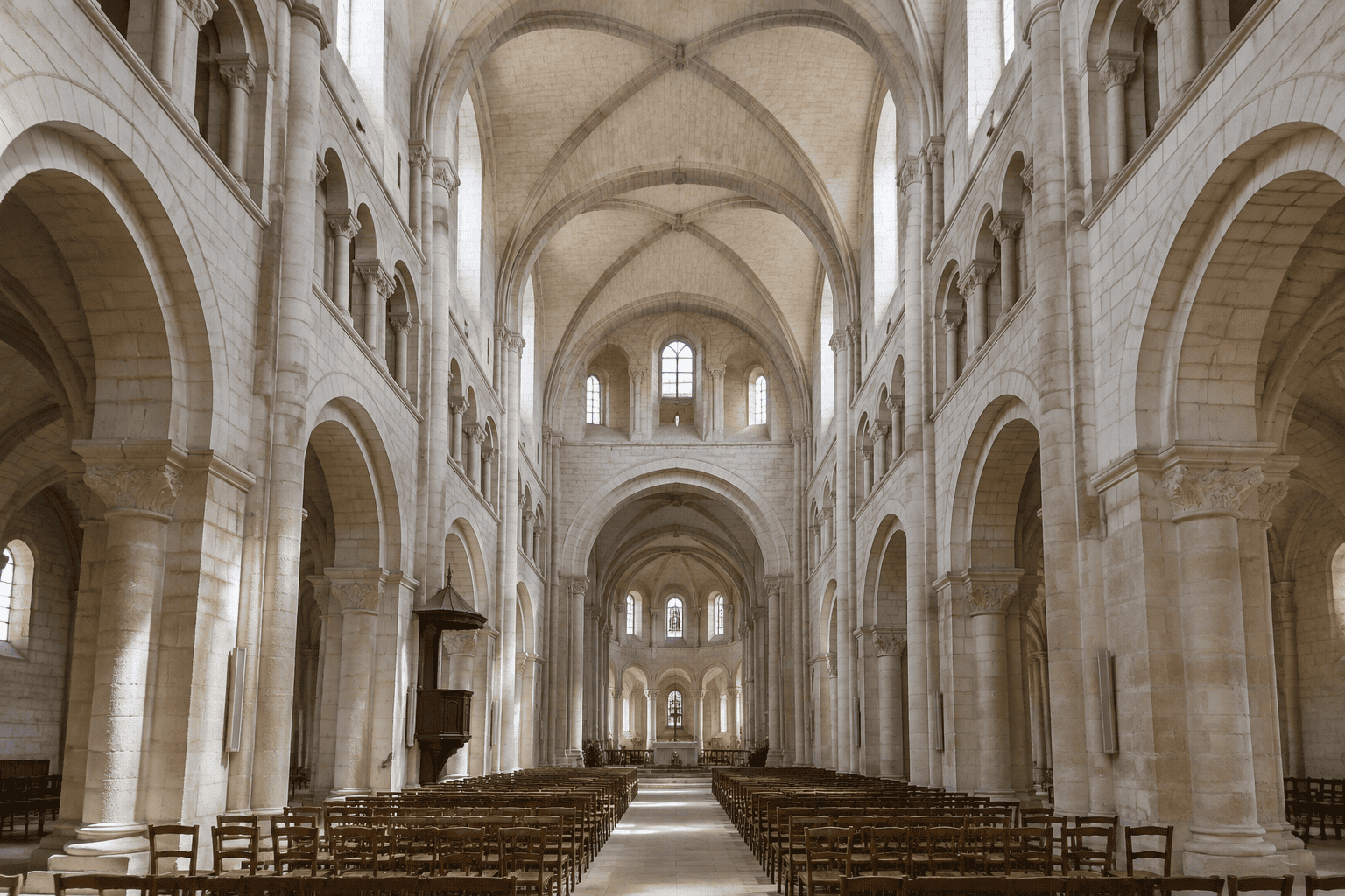 Nef d’une église romane, avec de hautes arcades, des voûtes croisées, des fenêtres hautes et des rangées de chaises.