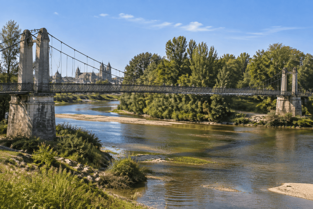 Une passerelle suspendue traverse la Loire entre des rives végétalisées et des bancs de sable.