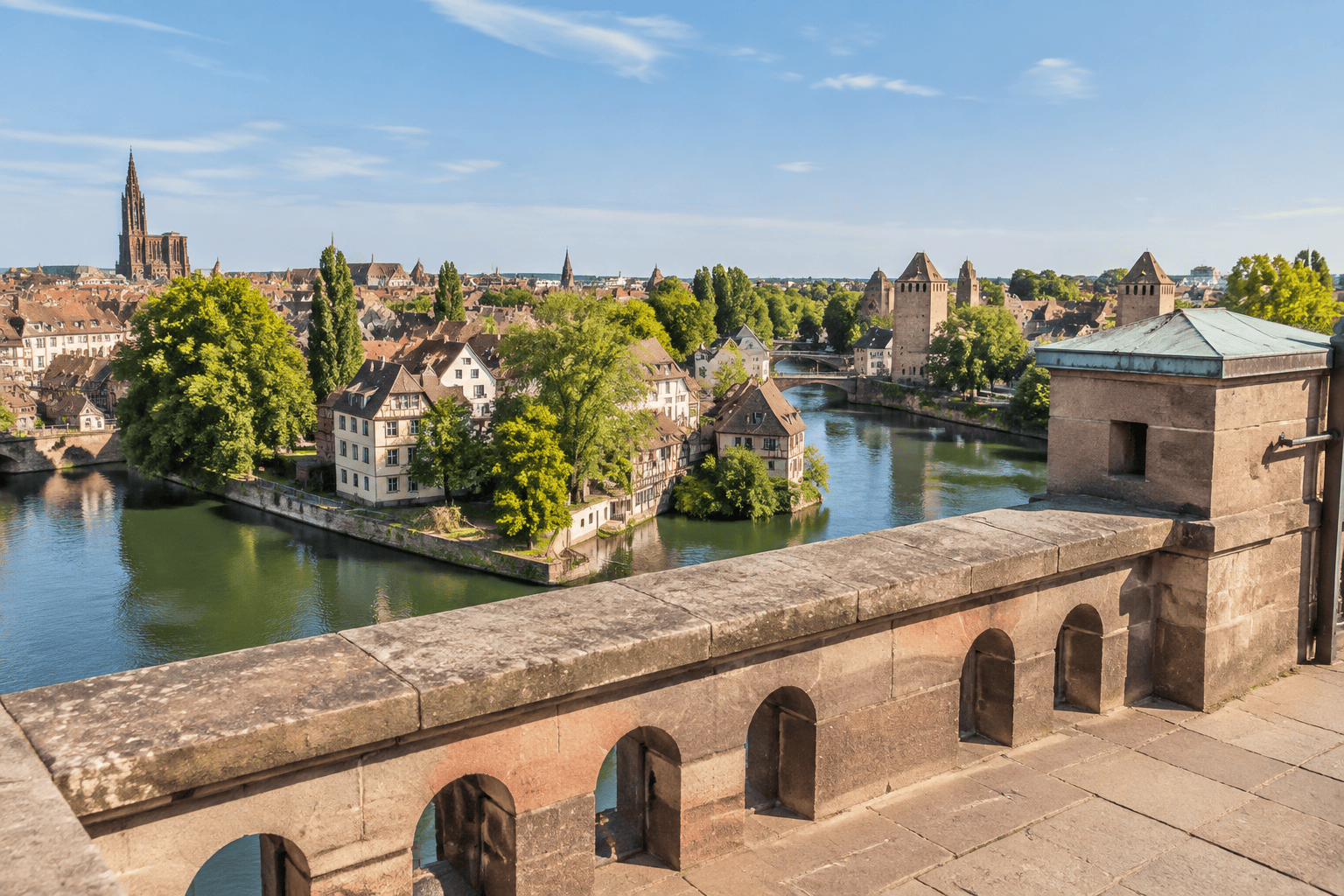 Depuis une terrasse en pierre, vue sur les canaux et les maisons de la Petite France, avec les tours des Ponts couverts au loin.