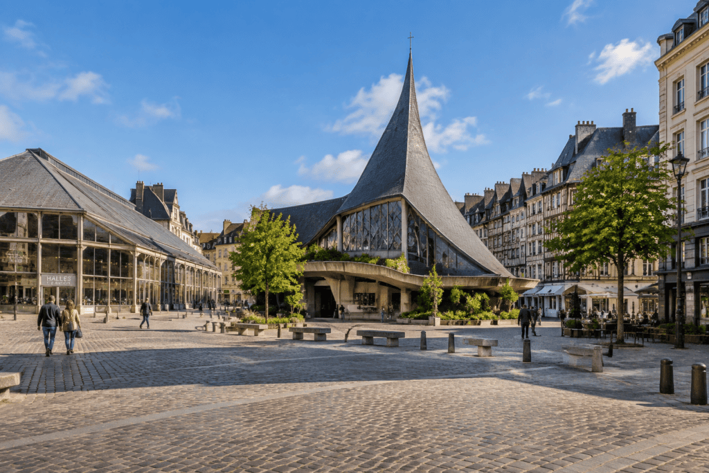 Vue de la place pavée du Vieux-Marché, avec l’église Sainte-Jeanne-d’Arc au toit élancé et les halles vitrées.
