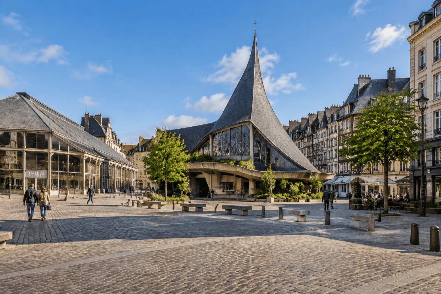 Vue de la place pavée du Vieux-Marché, avec l’église Sainte-Jeanne-d’Arc au toit élancé et les halles vitrées.