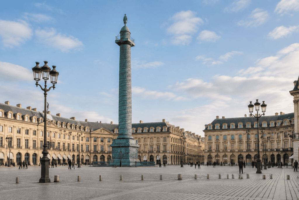 La colonne Vendôme se dresse au centre de la place, entourée de façades classiques et de réverbères.