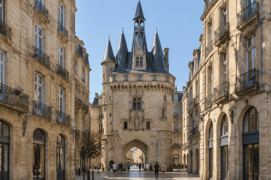 La porte Cailhau, avec ses tourelles et son passage voûté, entre des façades de pierre.