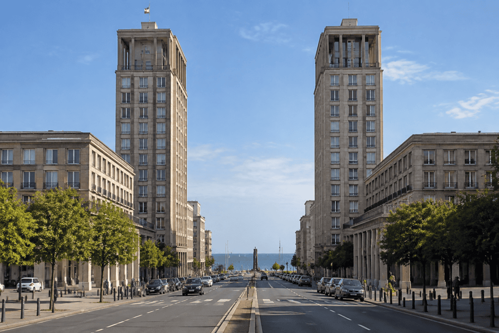 Deux hautes tours encadrent l’avenue Foch, bordée d’immeubles et d’arbres, avec la mer visible dans l’axe au loin.