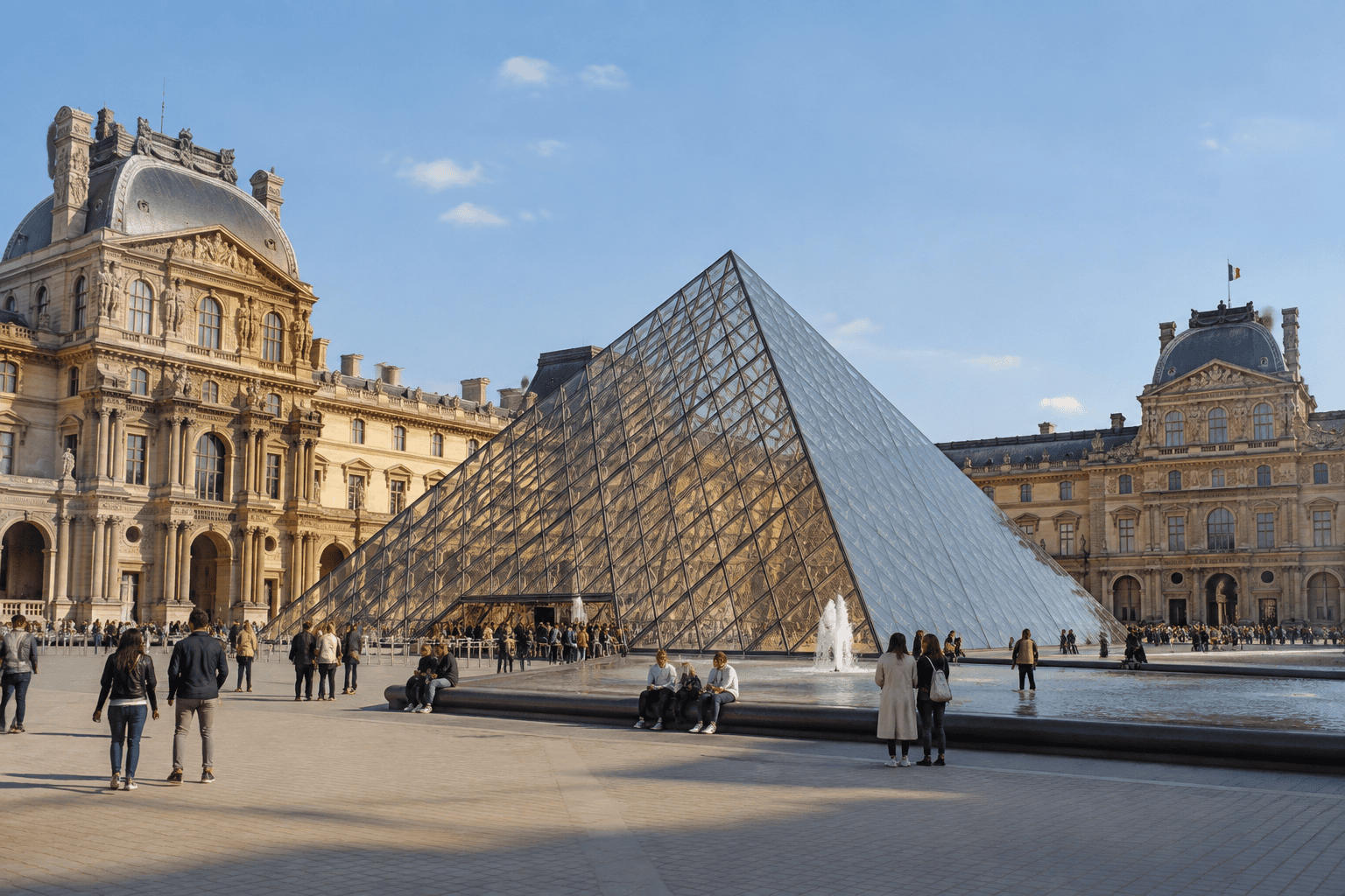 La pyramide de verre du Louvre se dresse dans la cour Napoléon, entourée des façades du palais et de visiteurs.