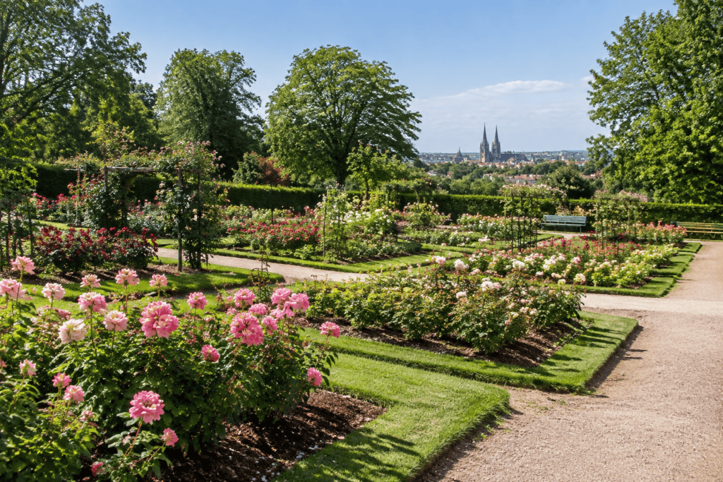 Des massifs de rosiers fleuris bordent des allées, avec des arbres et la silhouette de Caen à l’horizon.