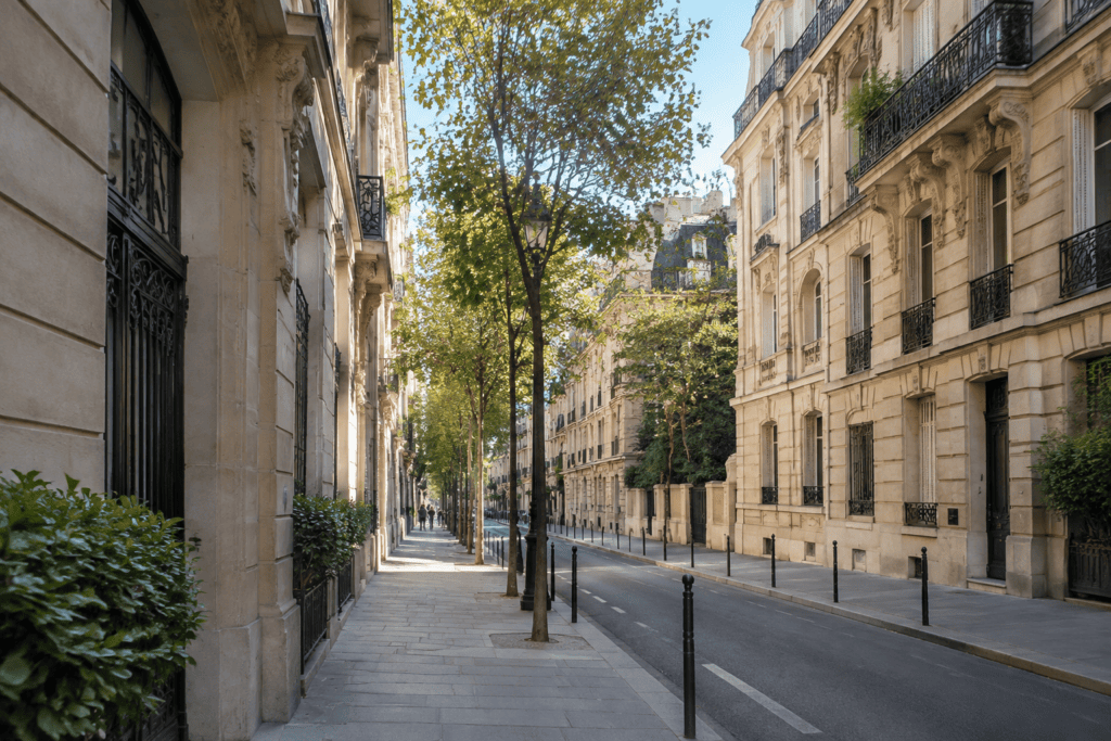 Rue bordée de façades en pierre, d’arbres et de trottoirs dans un quartier urbain parisien.