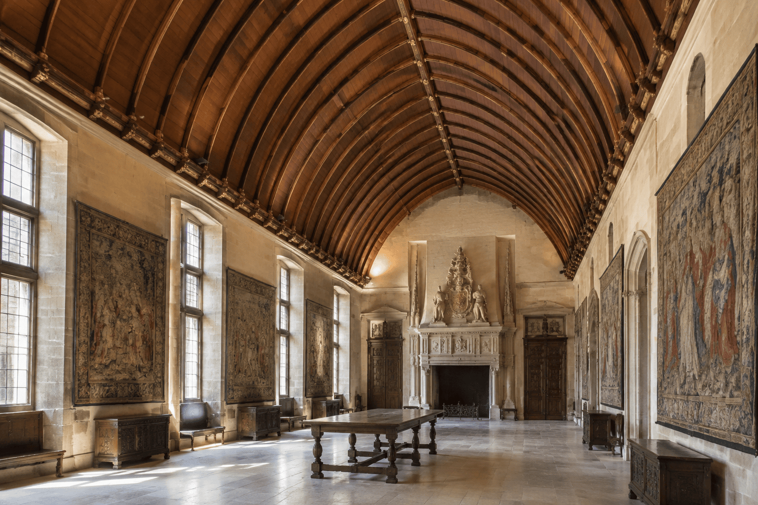 Salle historique aux murs ornés de tapisseries, avec une haute voûte en bois, une table centrale et une cheminée au fond.
