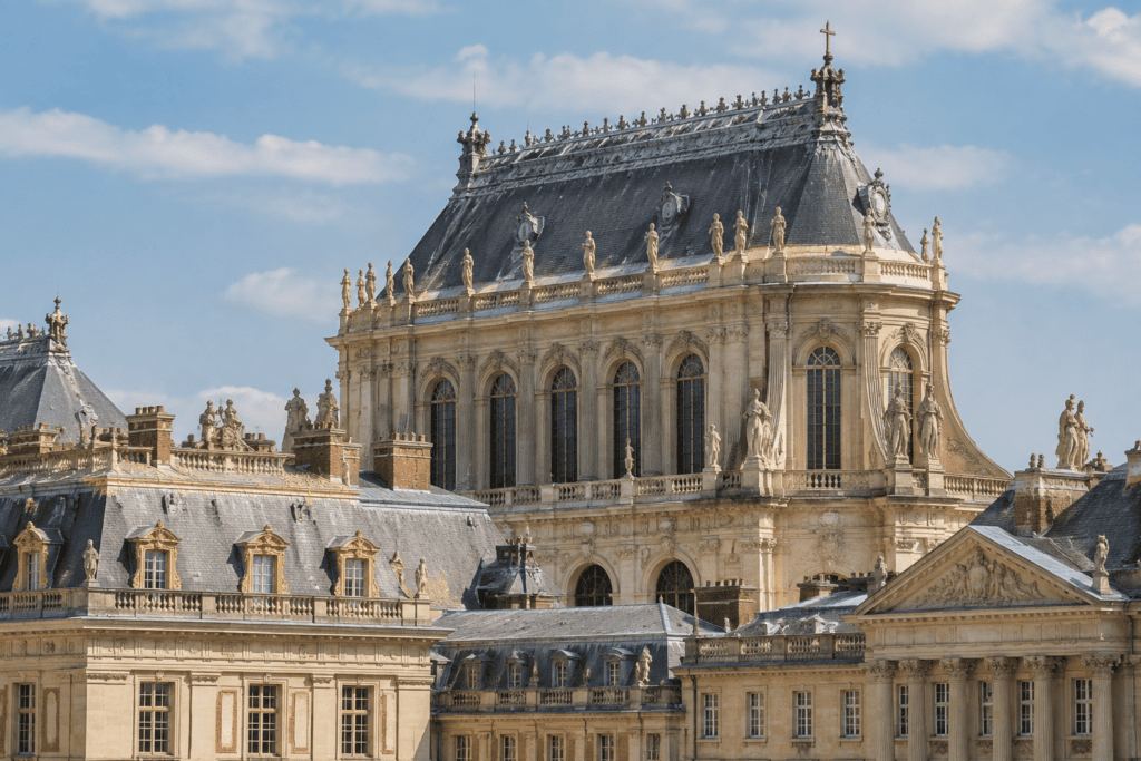 La chapelle royale s’élève au-dessus des toitures du château de Versailles, avec ses fenêtres cintrées et ses statues.