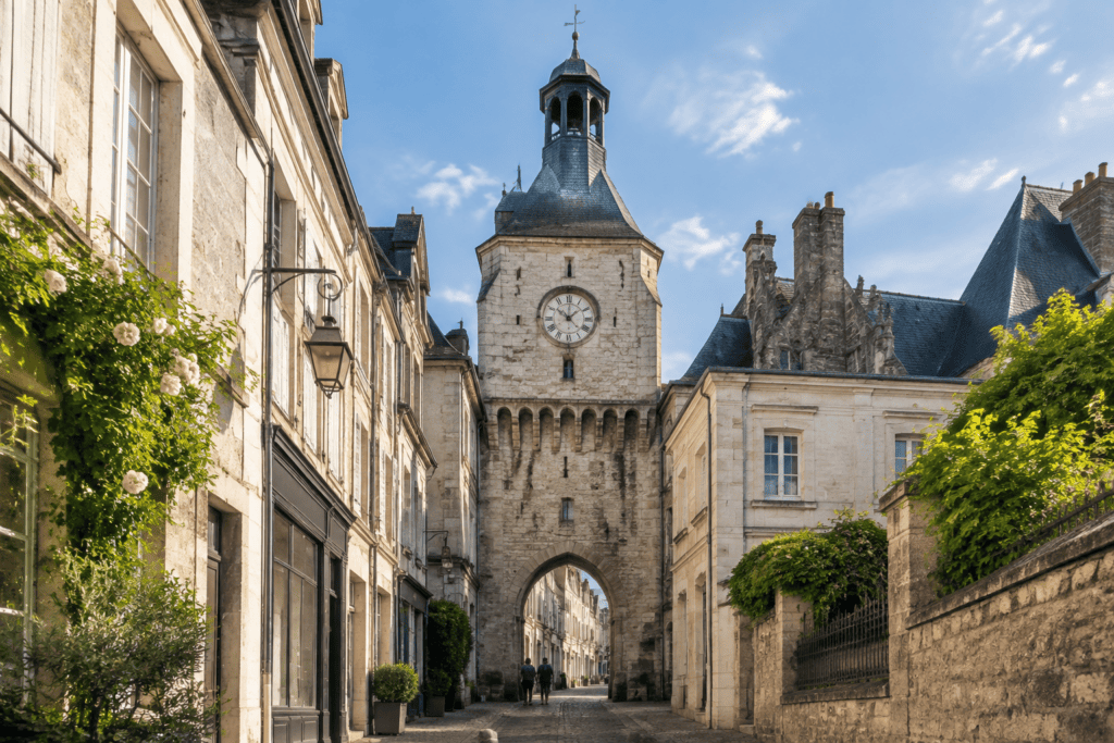 Tour en pierre avec horloge et passage voûté, encadrée par des bâtiments anciens et une rue étroite.