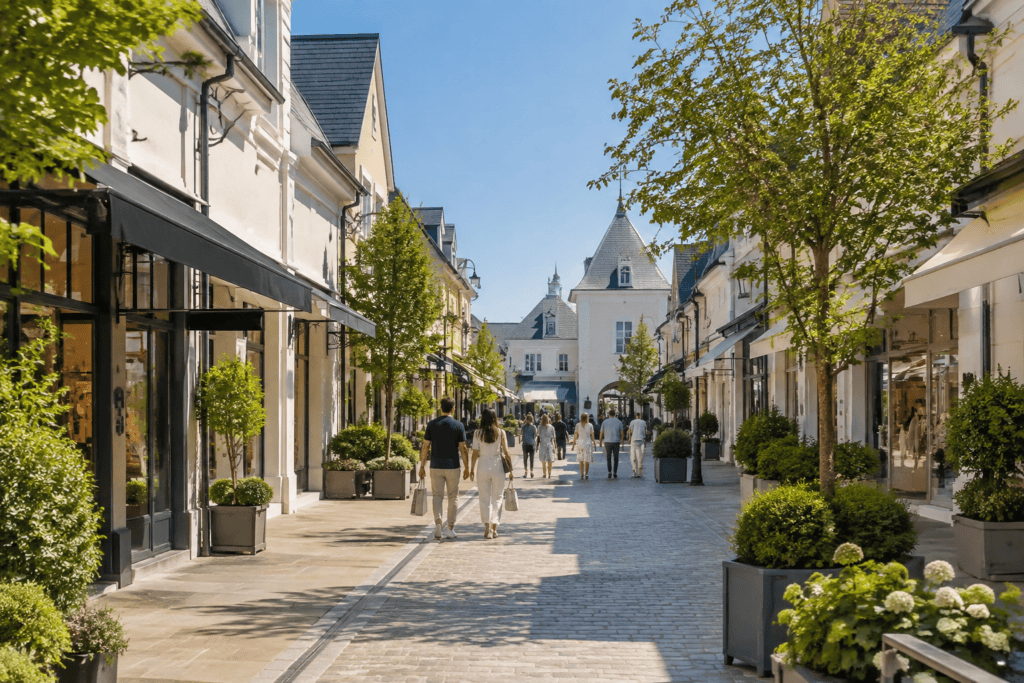 Allée piétonne bordée de boutiques, d’arbres et de jardinières, avec des passants au loin.