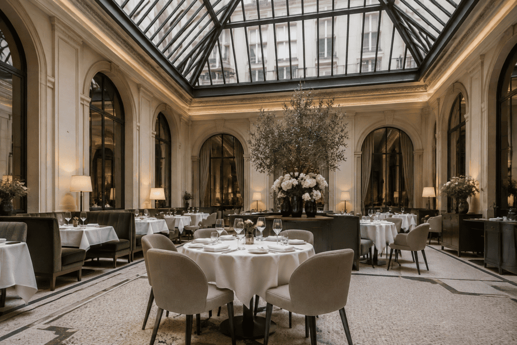 Des tables dressées dans une salle de restaurant lumineuse sous une verrière, entourées de hautes fenêtres cintrées.
