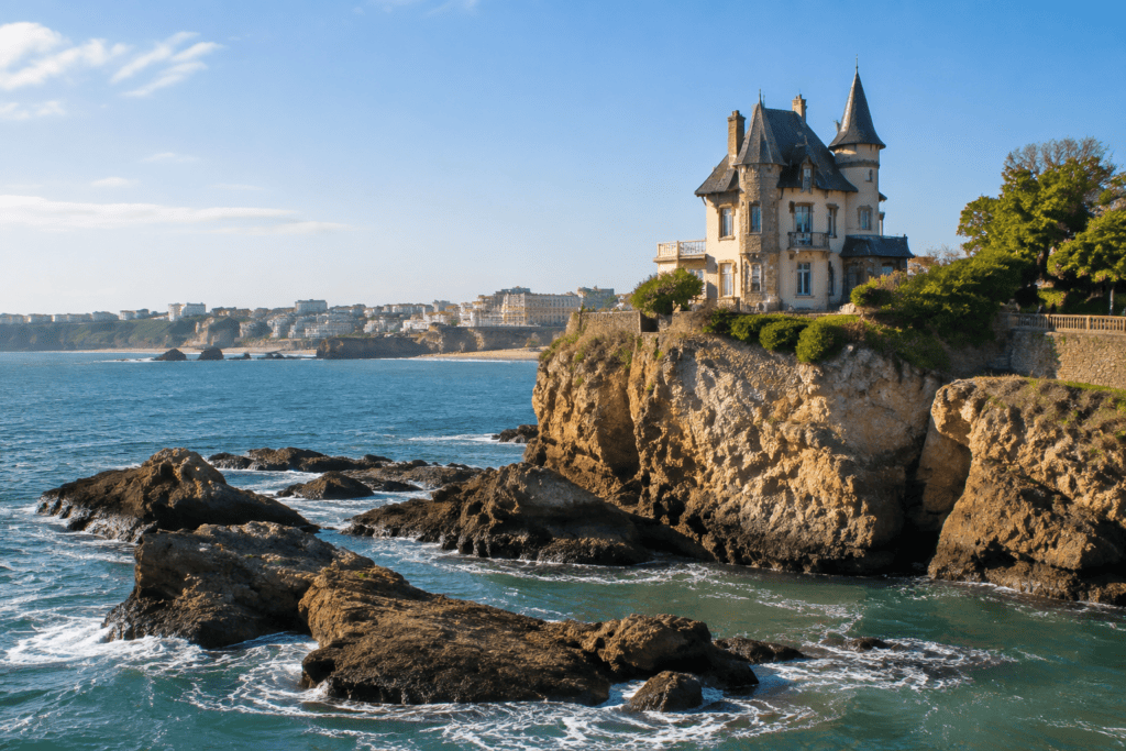 La Villa Belza, avec ses toits pentus et sa tour, se dresse sur un promontoire rocheux au-dessus de l’océan.