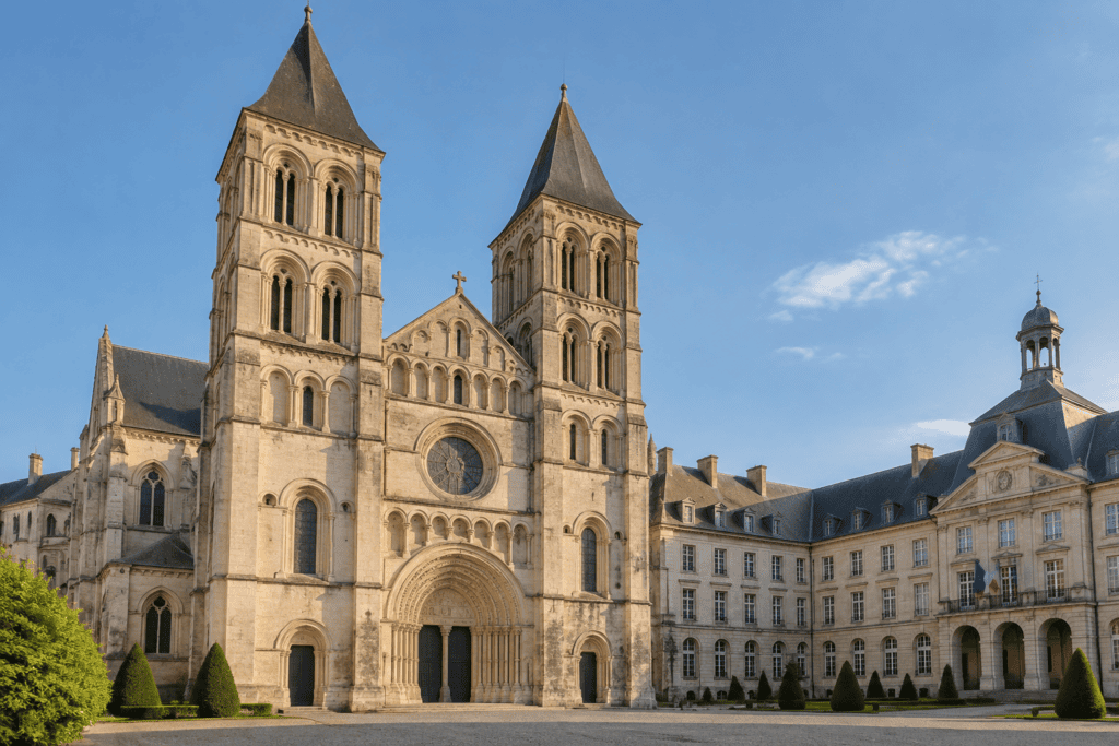 Façade à deux tours de l’abbatiale Saint-Étienne, avec le portail sculpté, dans la cour de l’Abbaye-aux-Hommes.