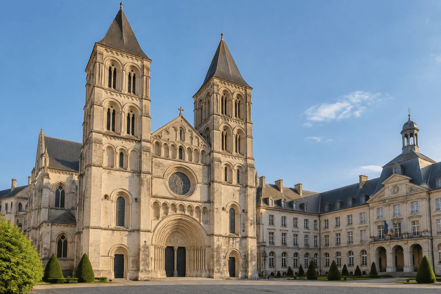 Façade à deux tours de l’abbatiale Saint-Étienne, avec le portail sculpté, dans la cour de l’Abbaye-aux-Hommes.
