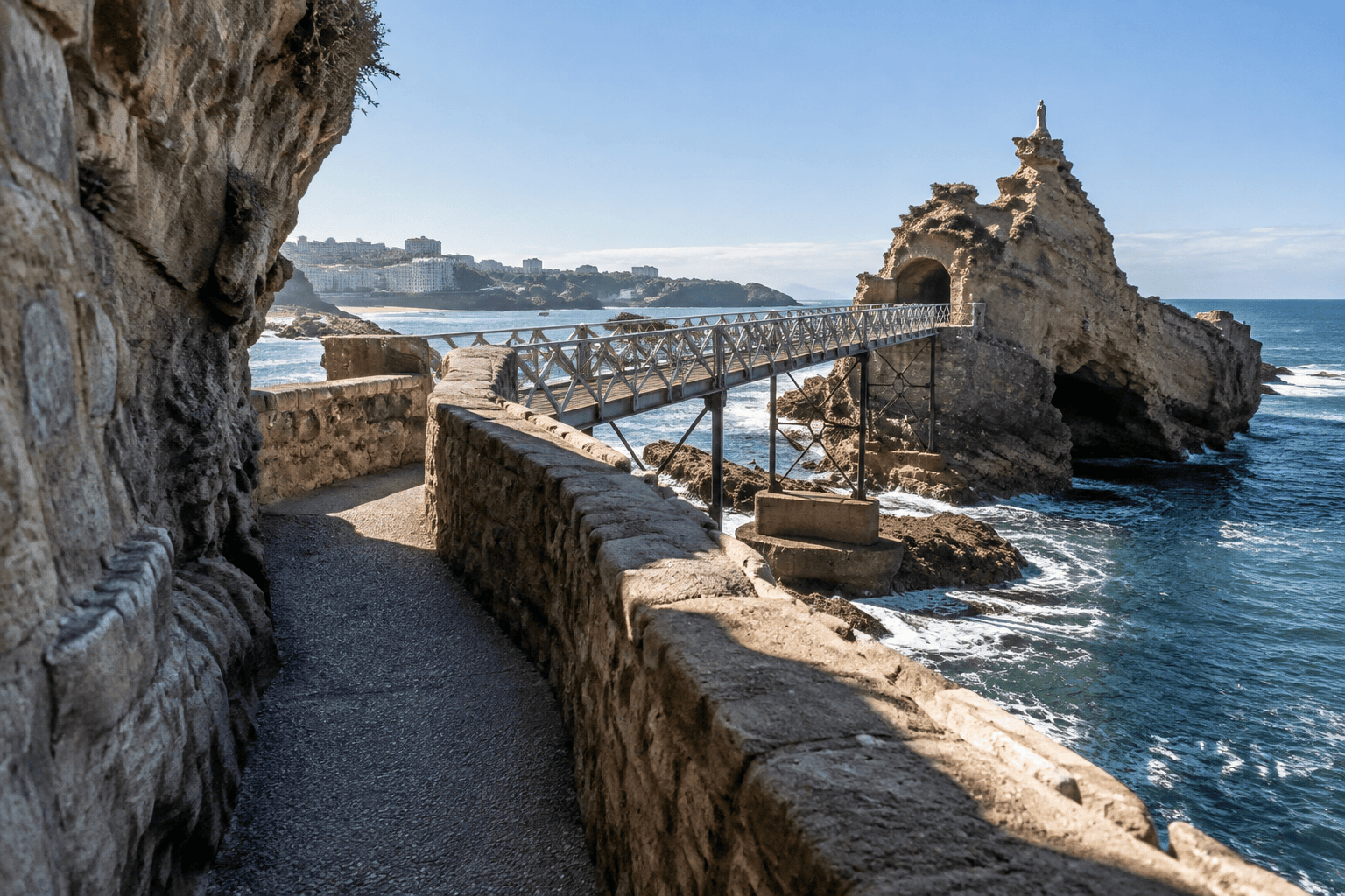Un passage piétonnier longe une paroi et un muret de pierre avant de rejoindre la passerelle métallique menant au Rocher de la Vierge, au-dessus de l’