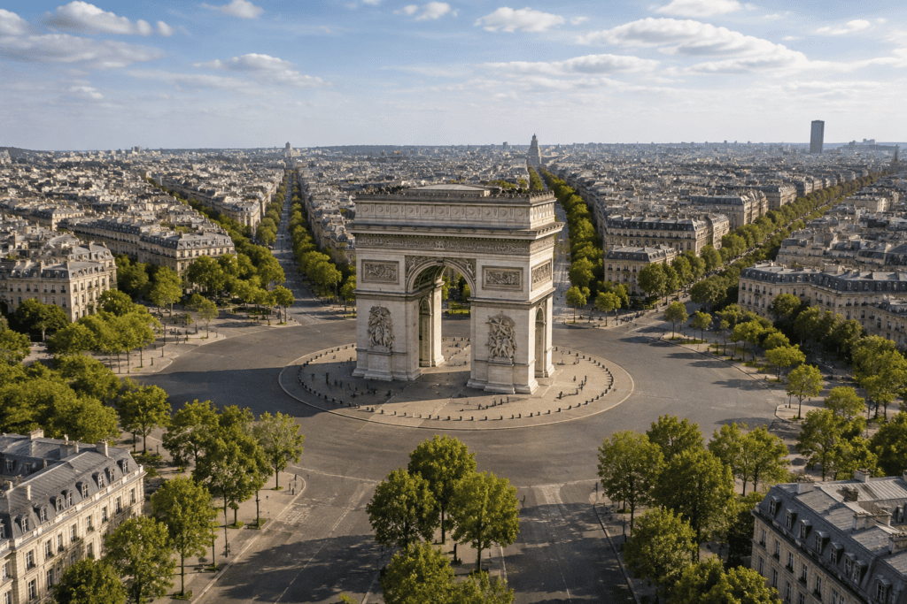 Vue aérienne de l’Arc de Triomphe au centre de la place Charles-de-Gaulle, entouré d’avenues et d’arbres.