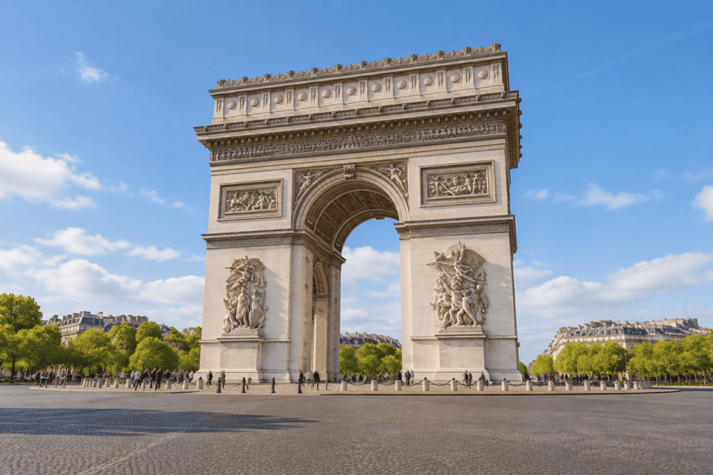 L’Arc de Triomphe se dresse au centre d’une vaste place, avec des arbres et des immeubles à l’arrière-plan.