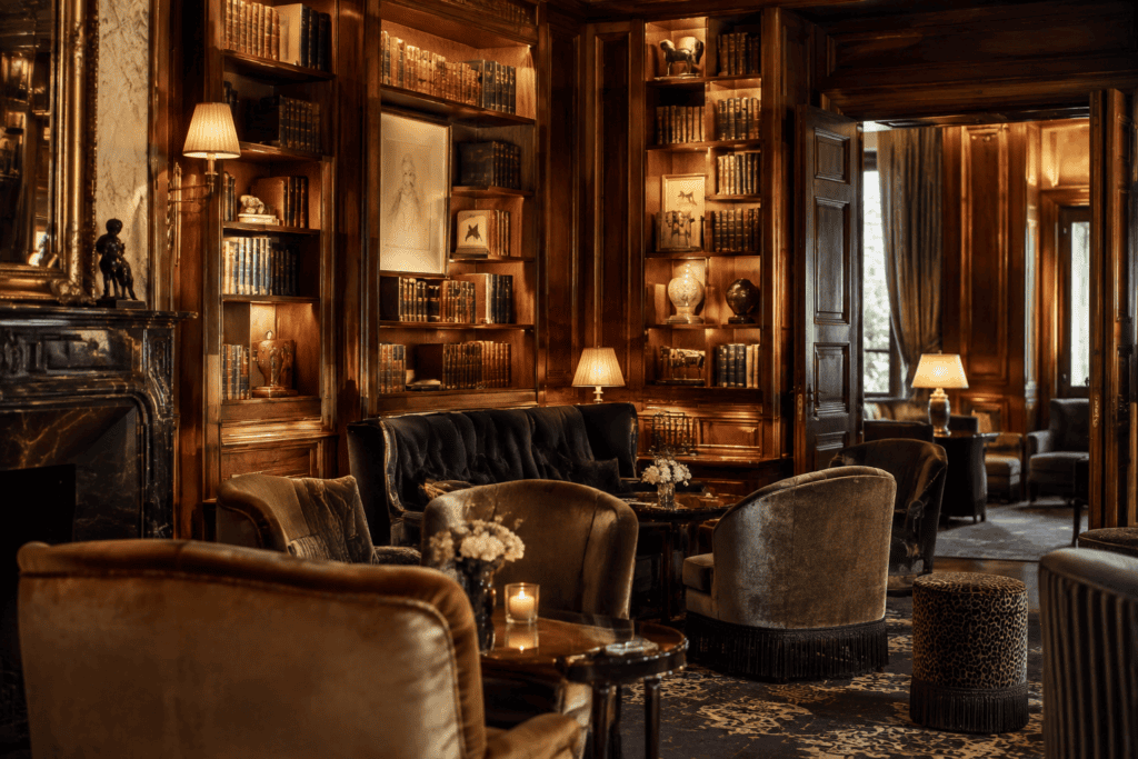 Salon intérieur aux boiseries et rayonnages remplis de livres, avec fauteuils et petites tables.