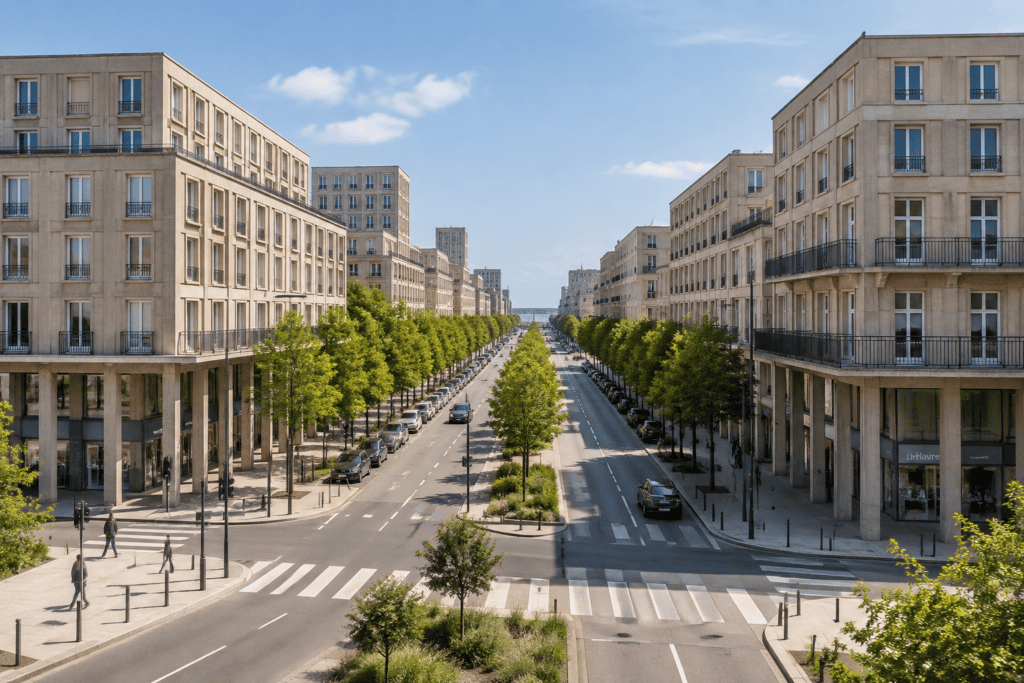 Large avenue bordée d’immeubles réguliers en béton et d’arbres, avec la mer visible au loin.