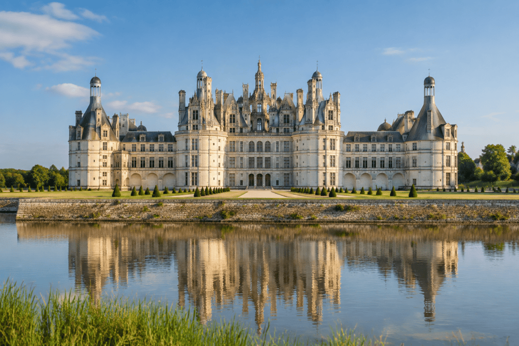 Façade symétrique du château de Chambord, avec ses tours et ses hautes toitures, reflétée dans l’eau au premier plan.