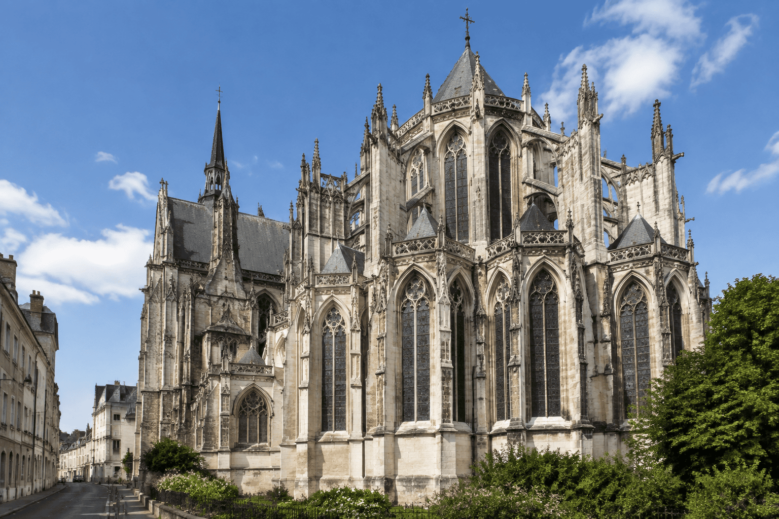 Le chevet de la cathédrale Saint-Gatien, avec ses hautes fenêtres gothiques, ses contreforts et ses pinacles.