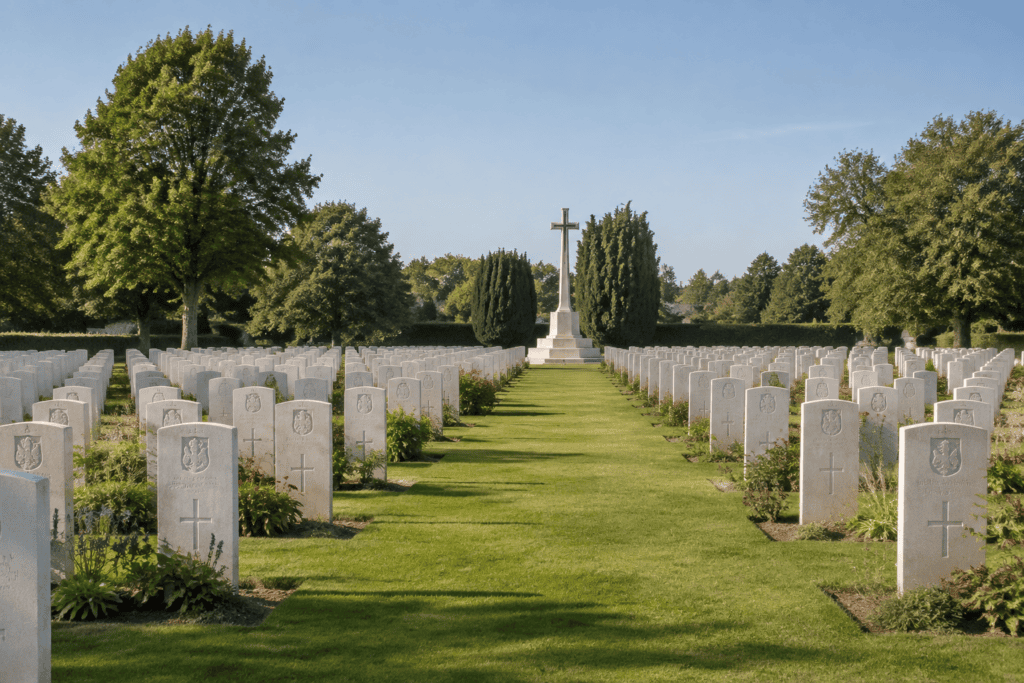 Des rangées de stèles blanches bordent une allée gazonnée menant à une croix au cimetière militaire britannique de Bayeux.