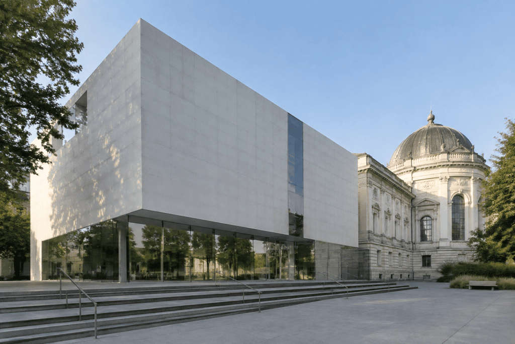 Volume cubique contemporain aux façades claires et vitrées, devant une partie du bâtiment historique à rotonde.