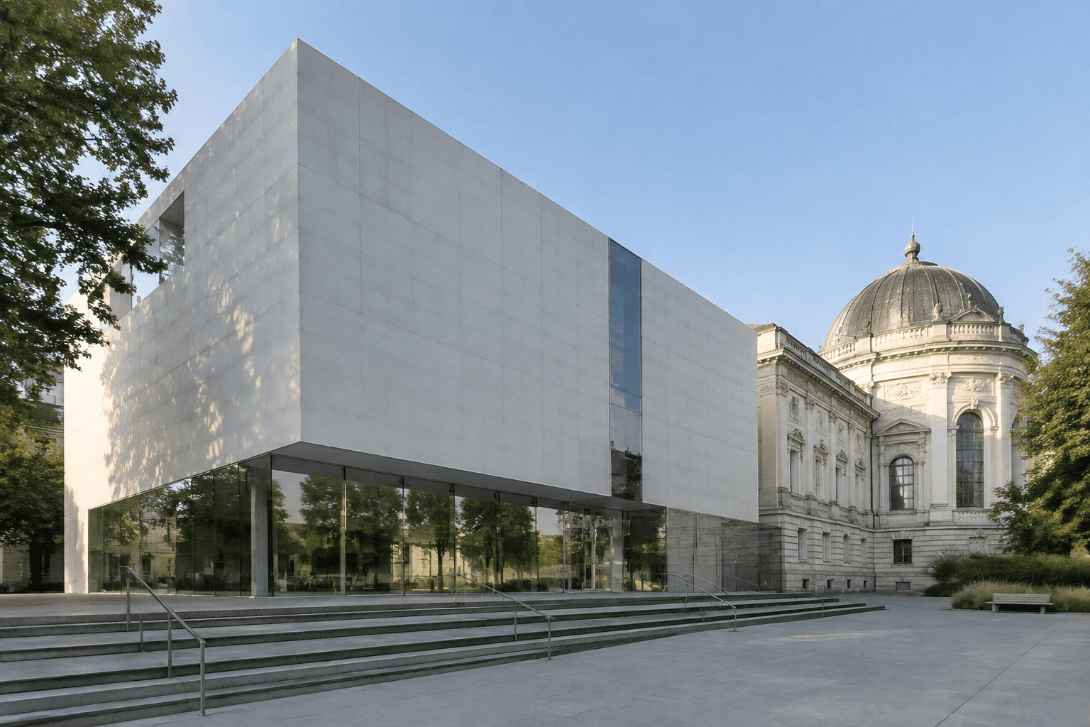 Volume cubique contemporain aux façades claires et vitrées, devant une partie du bâtiment historique à rotonde.