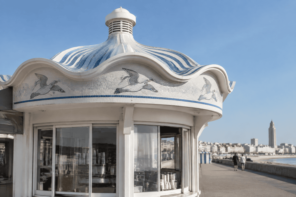 Kiosque blanc au toit ondulé orné de lignes bleues et de motifs d’oiseaux, le long de la promenade du front de mer.