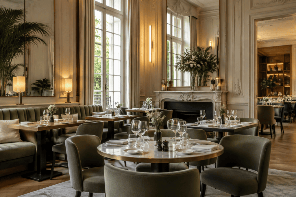 Tables dressées et banquettes dans une salle de restaurant lumineuse aux boiseries claires, avec une cheminée en marbre.