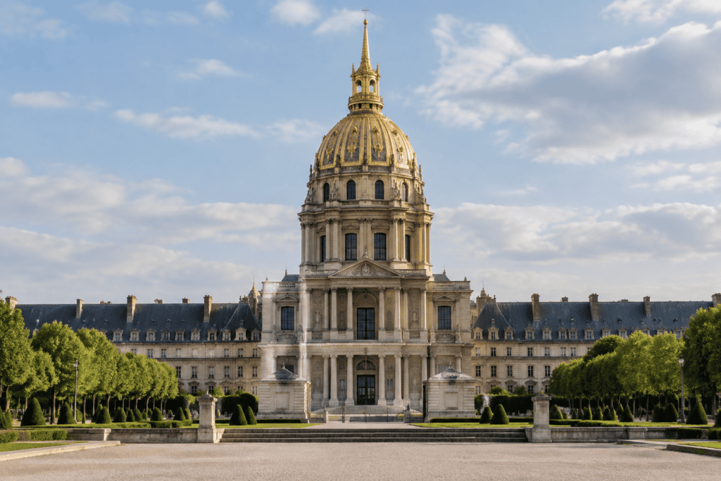 Le dôme doré des Invalides et sa façade centrale, encadrés par des arbres sous un ciel nuageux.